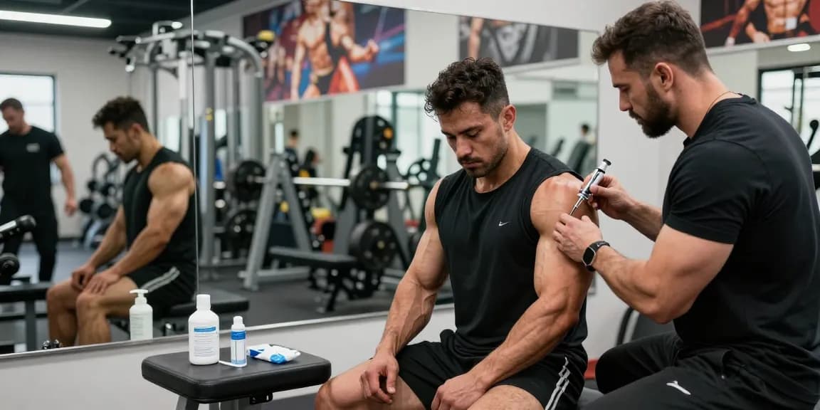 Anabolika Shop: Bodybuilder spritzt Steroide unter Anleitung im Fitnessstudio