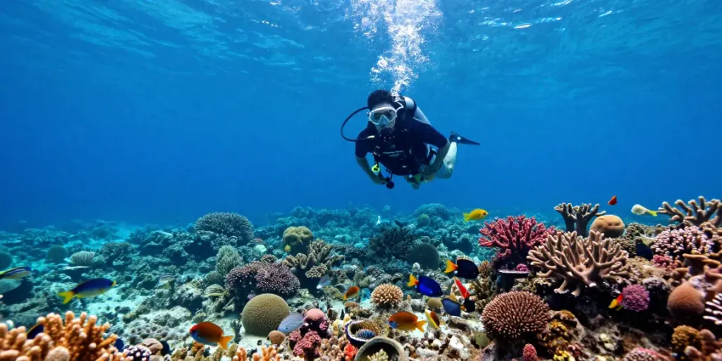 Deep Dive Mexico: Taucher erkundet ein lebendiges Korallenriff in Playa del Carmen mit tropischen Fischen.