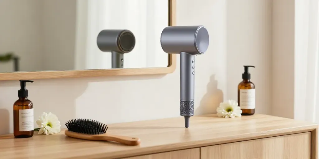 Hochgeschwindigkeits-Haartrockner auf eleganter Holzkommode im Badezimmer mit Accessoires.