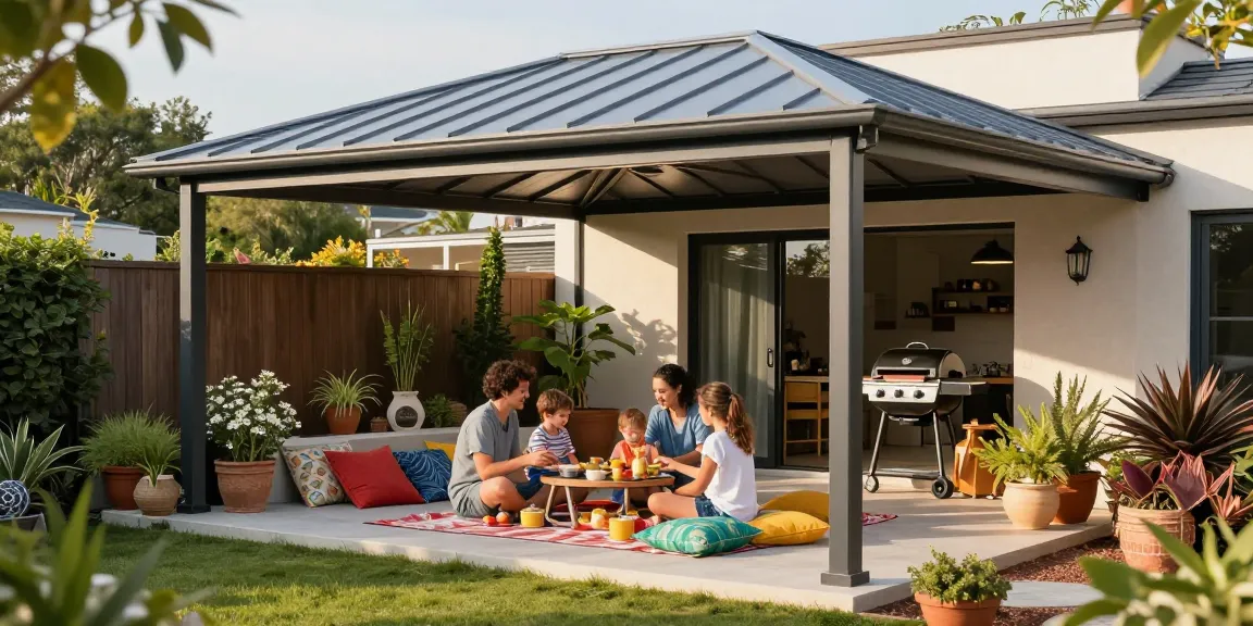 Moderne Terrassenüberdachung im Garten mit Familie bei einem Picknick.
