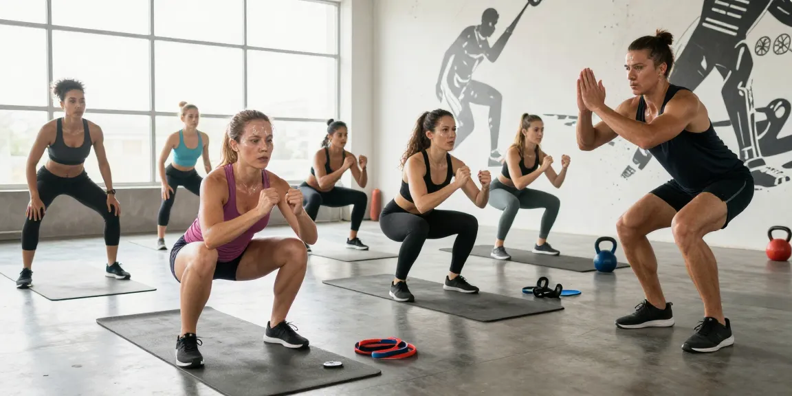 Group workout demonstrating the vitality of fitness and active lifestyle while promoting reta for sale in a vibrant gym setting.