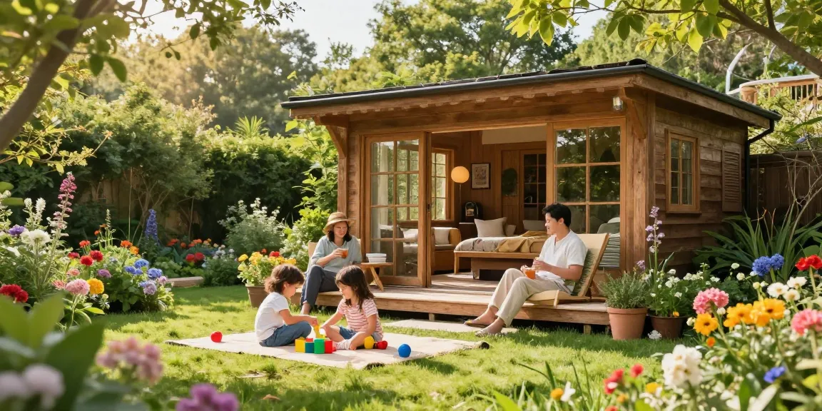 Gemütliches Gartenhaus aus Holz umgeben von blühenden Pflanzen im sonnigen Garten.