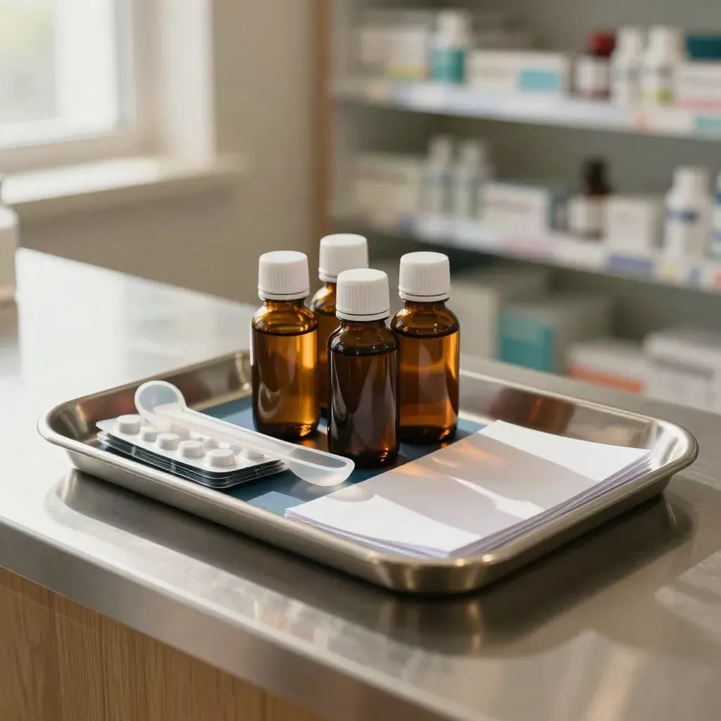 Apotheken-Abholtray mit Medikamenten, Dosierlöffel und Blisterpackungen im warmen Fensterlicht