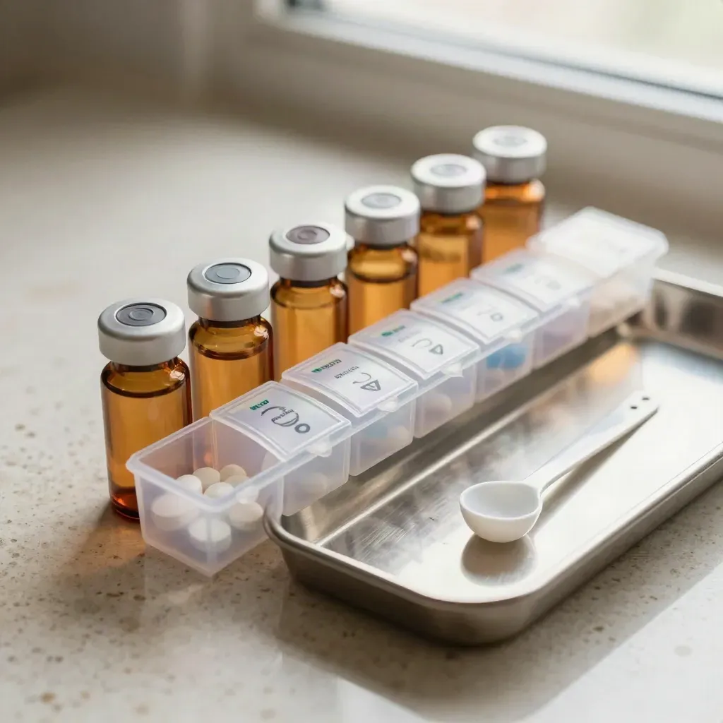 Makro von Tabletten, Dosierbox, Splitttabletten und Braunglasfläschchen auf Travertin.