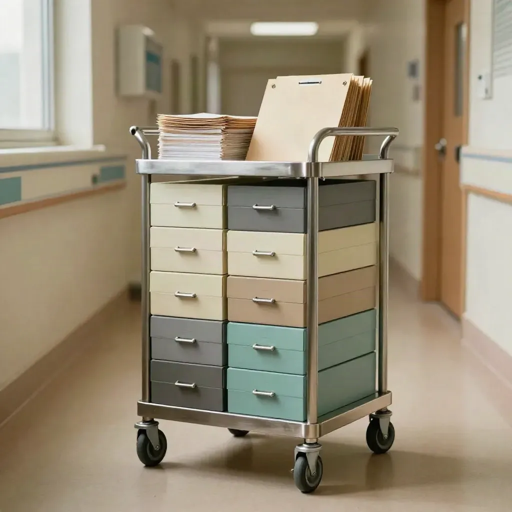 Medikamentenwagen mit sortierten Kassetten im stillen Klinikflur, morgens im weichen Licht.