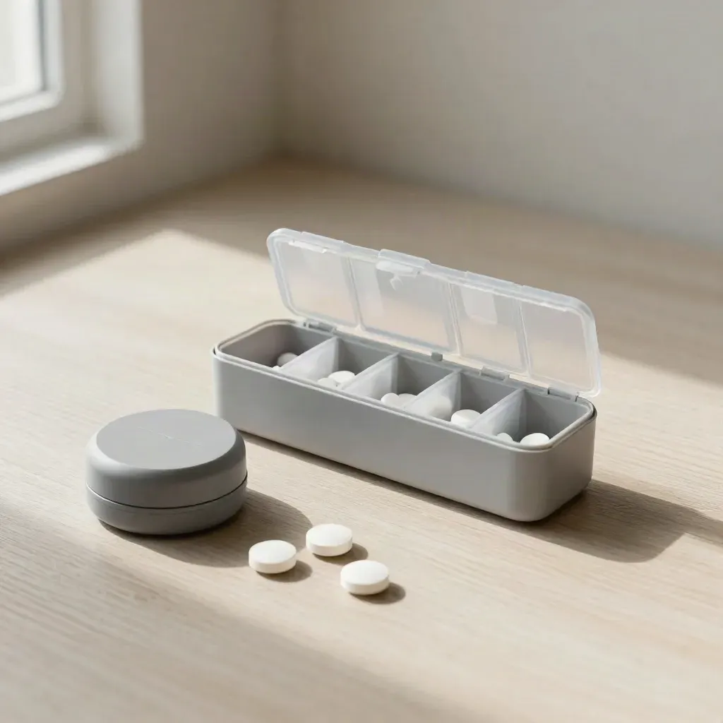 Offener Wochendosierer mit Timer und drei Tabletten auf hellem Holz