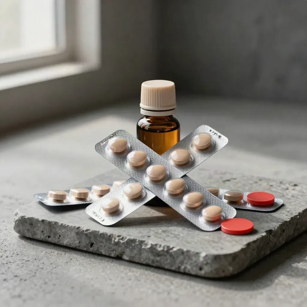 Blisterpackungen, Braunglasflasche und roter Warnmarker auf einer steinernen Ablage.