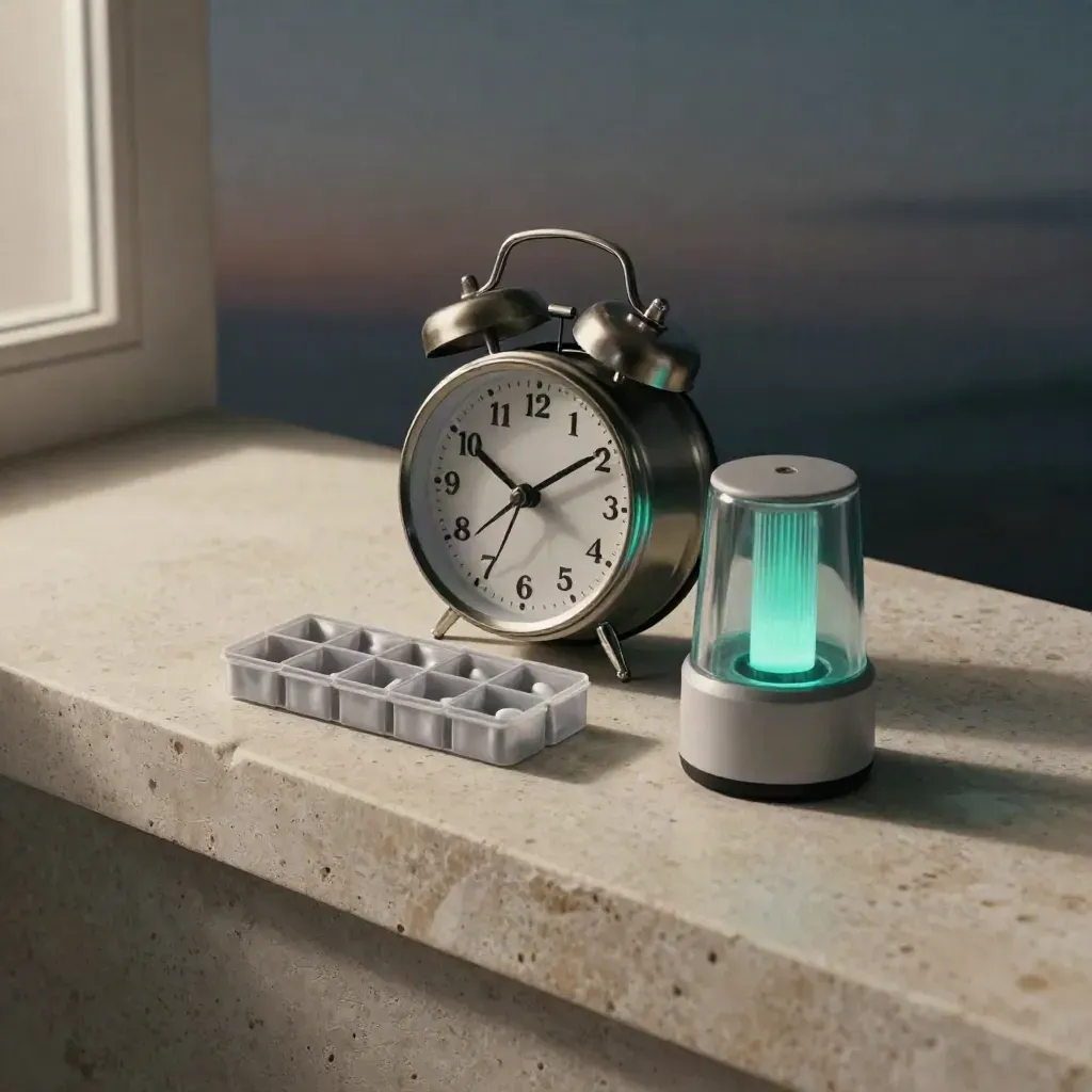Wecker, Tablettenbox und Signallampe auf hellem Steinsims mit sanftem Teal-Licht.