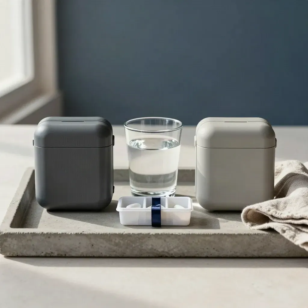 Medikamentenboxen, Organizer und Wasserglas auf Betontablett im klinischen Stil