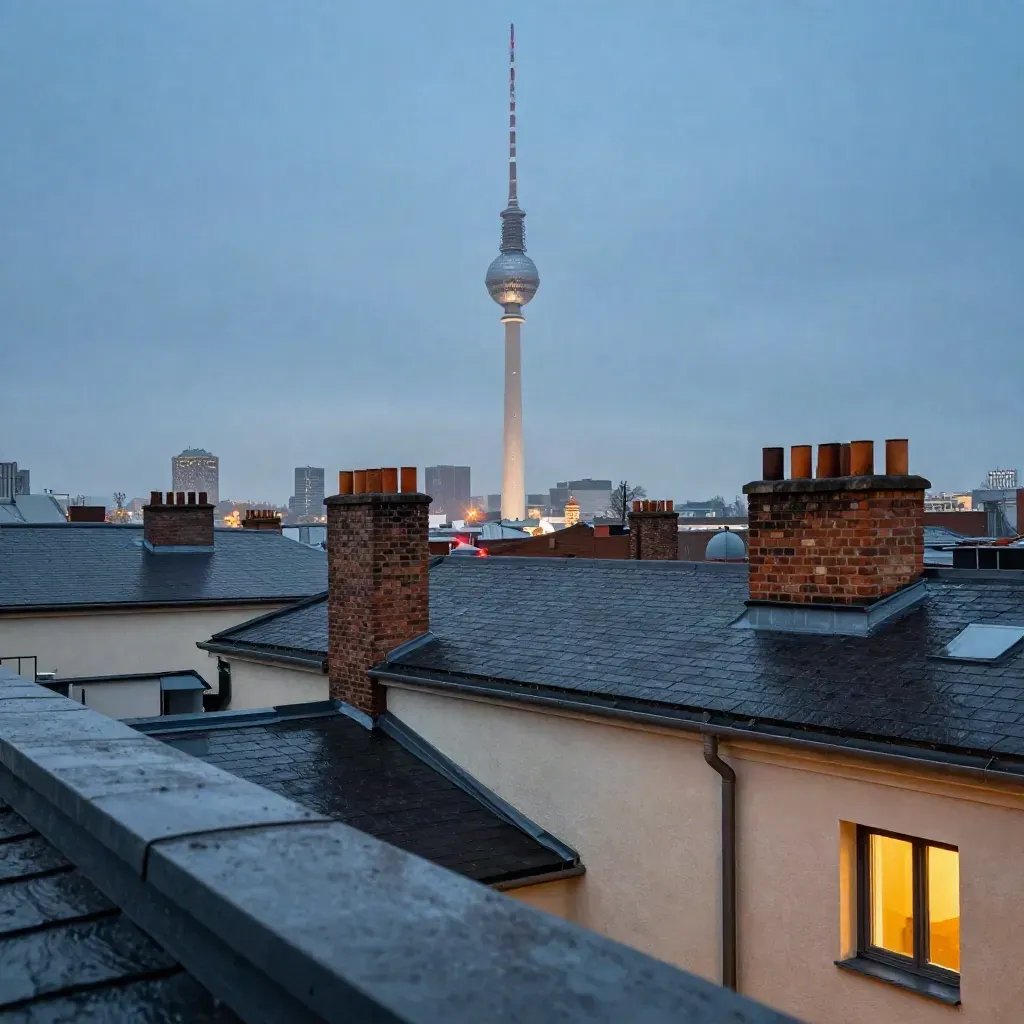 Berliner Skyline mit Fernsehturm im blauen Dunst nach Regen