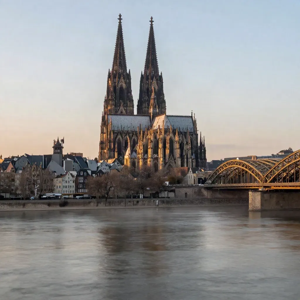 Kölner Dom über den Rheinbrücken im goldenen Abendlicht, ruhiger Fluss und Dunst darunter.