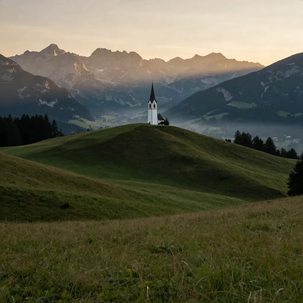 Bayerische Alpenvorberge bei Sonnenuntergang mit Kirchturm und weiten Wiesen
