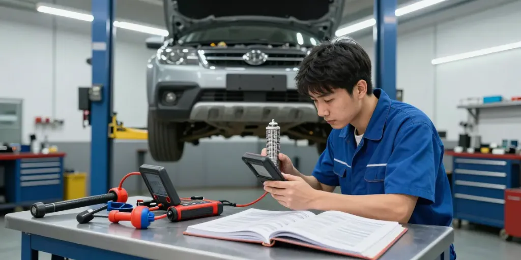 Mechaniker überprüft DPF-Regeneration in einer sauberen Werkstatt.