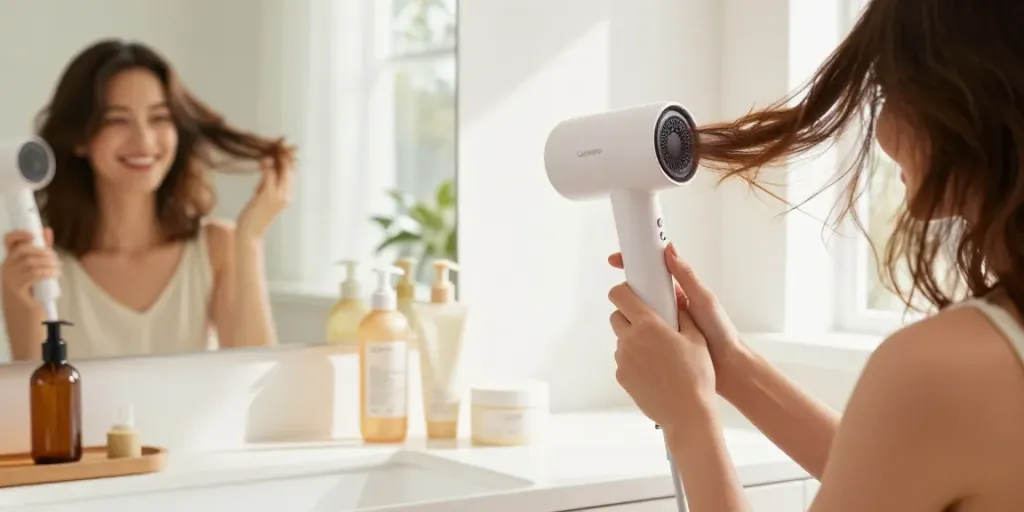 Effizienter Haartrockner Test: Laifen Neo beim Stylen schöner Haare in modernem Badezimmer