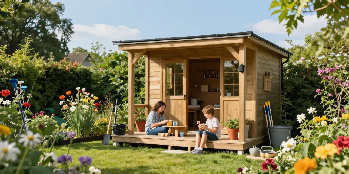 Gartenhaus umgeben von bunten Blumen und grüner Landschaft, Familie genießt sonnigen Nachmittag.