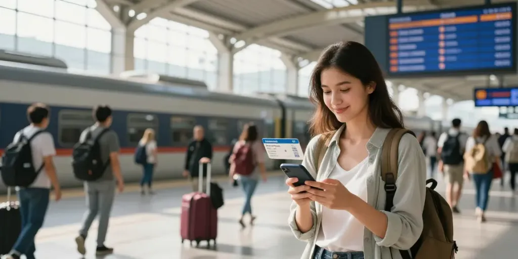 Erstattbare Zugtickets in einem belebten Bahnhof, junge Frau mit Ticket und Smartphone.