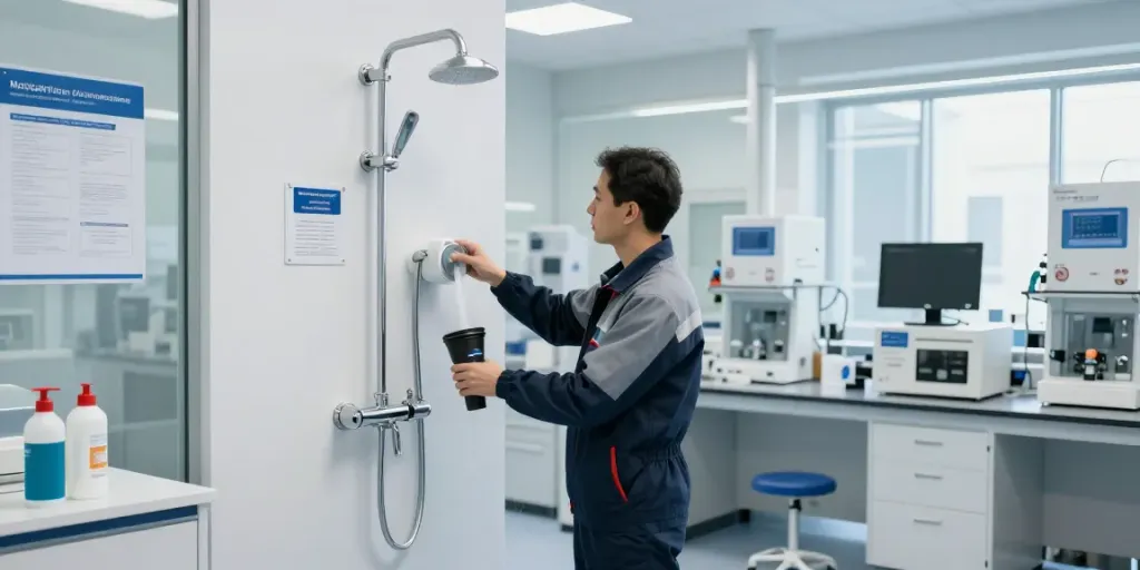 High-quality stationäre Notdusche für Unternehmen in a laboratory setting with an engineer inspecting emergency shower functionality.
